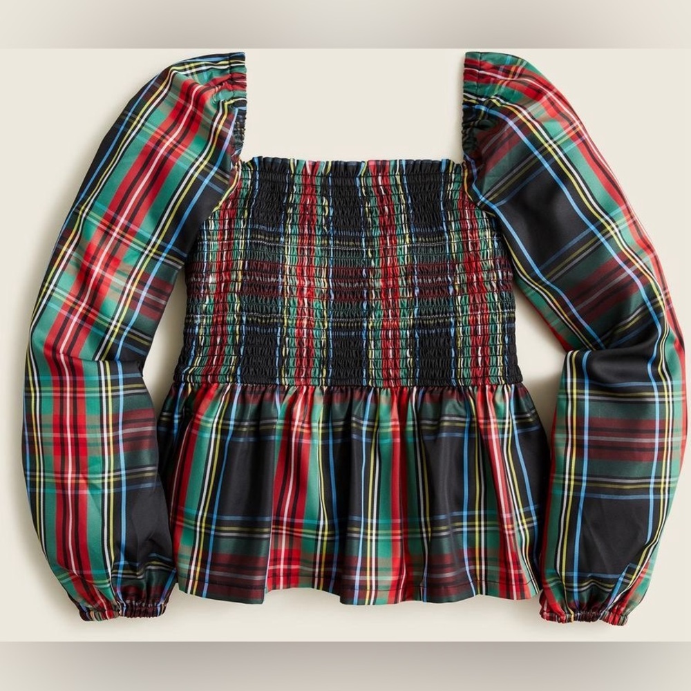 J. Crew Puff-sleeve smocked top in Stewart tartan